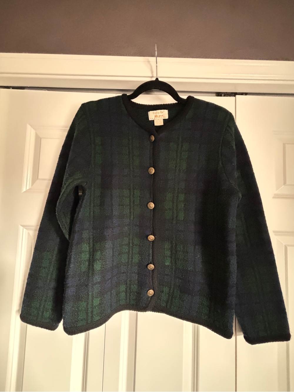 90s VTG Tally Ho Green & Navy Plaid Button‑Front Wool Cardigan